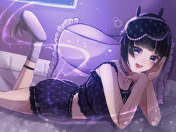  :d animal_slippers ass black_choker black_eyes black_hair black_shirt black_shorts blue_eyes blunt_bangs bunny_slippers choker commentary_request cropped_shirt elbow_rest eye_mask feet_up female frilled_shirt frills haka_(yayoi_2431) highres lace-trimmed_shorts lace_trim lens_flare looking_at_viewer loungewear lying mask mask_on_head nijisanji on_stomach pillow ribbon-trimmed_shorts ribbon_trim shirt short_hair shorts sleep_mask sleeveless sleeveless_shirt slippers smile socks solo tsukino_mito tsukino_mito_(loungewear) virtual_youtuber 