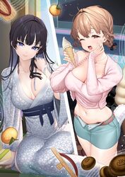  2girls aqua_skirt bathrobe black_hair black_ribbon breasts brown_hair closed_mouth collarbone commentary_request food fruit geta giuniu hair_ribbon heart heart_necklace holding holding_food holding_ice_cream ice_cream jewelry large_breasts long_hair mandarin_orange midriff multiple_girls navel necklace novel_illustration official_art one_eye_closed onsen open_mouth otoko_girai_na_bijin_shimai_wo_namae_mo_tsugezu_ni_tasuketara_ittai_dounaru? red_eyes ribbon sandals shinjou_aina_(otomai) shinjou_arisa_(otomai) skirt standing tatami tengu-geta zouri 