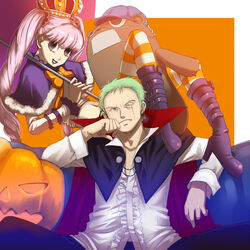  1boy blue_upholstery boots cape capelet couch crown female fur_trim green_hair halloween jack-o&#039;-lantern kumacy kuraigana_island long_hair looking_at_viewer oerba_yun_fang one_piece orange_legwear patterned_legwear perona pink_hair pumpkin roronoa_zoro ruffled_collar ruffled_shirt scar sitting striped striped_legwear stuffed_animal stuffed_toy twintails two-tone_stripes white_legwear 