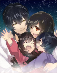  2boys 2girls 4star ame_(ookami_kodomo) animal_ears black_hair blue_eyes brown_hair closed_eyes commentary_request family father_and_daughter father_and_son hana_(ookami_kodomo) happy hug long_hair mother_and_daughter mother_and_son multiple_boys multiple_girls ookami_kodomo_no_ame_to_yuki ookami_otoko open_mouth orange_eyes photoshop_(medium) short_hair siblings sidelocks smile swept_bangs teeth wolf_ears yellow_eyes yuki_(ookami_kodomo) 