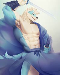  2019 4:5 abs anthro armpit_hair asian_clothing biceps blue_body blue_eyes body_hair bozi canid canine canis clothed clothing digital_media_(artwork) east_asian_clothing fur hi_res katana male mammal melee_weapon muscular muscular_anthro muscular_male pecs smile solo sword weapon white_body white_fur wolf 