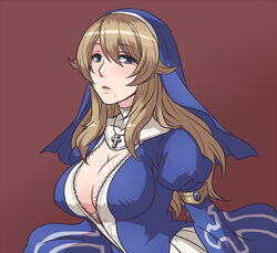  armband blonde_hair blue_eyes breasts brown_background cleavage commentary_request cross female habit large_breasts long_hair looking_at_viewer mole mole_under_mouth nun open_mouth queen&#039;s_blade queen&#039;s_blade_rebellion sigui_(queen&#039;s_blade) solo teru_suzu upper_body 