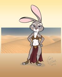  2016 4:5 anthro breasts chris_sutor clothing costume crossover desert disney female frown fur grey_body grey_fur hands_on_hips judy_hopps lagomorph leia_organa leporid looking_at_viewer mammal navel purple_eyes rabbit sand slave_leia_costume solo star_wars unimpressed white_body white_fur zootopia 