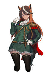  aiguillette animal_ears ascot bad_id bad_twitter_id black_thighhighs brown_hair closed_mouth cropped_legs dress epaulettes extra_ears female frills gloves green_dress hair_between_eyes hand_on_own_hip highres horse_ears horse_girl horse_tail long_hair long_sleeves multicolored_hair oweee simple_background single_epaulette solo streaked_hair symboli_rudolf_(umamusume) tail thighhighs umamusume white_ascot white_background white_gloves white_hair 