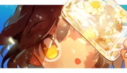  blue_background blush brown_hair chou_ji_yun close-up commentary female flower food highres holding holding_food light_particles light_rays looking_at_object open_mouth original popsicle signature solo sunlight symbol-only_commentary twitter_username wind wind_lift yellow_eyes 