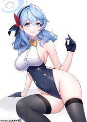  adapted_costume ako_(blue_archive) arm_support bare_shoulders black_hairband black_ribbon blue_archive blue_eyes blue_gloves blue_hair blue_halo blue_leotard blush bow bow_hairband bowtie breasts buttons closed_mouth collarbone collared_leotard commentary covered_navel cowlick double-breasted double-parted_bangs feet_out_of_frame female gloves grey_thighhighs groin hair_behind_ear hair_between_eyes hair_ribbon hairband half_gloves halo halterneck hand_up highleg highleg_leotard invisible_chair jurrig large_breasts leaning_to_the_side leotard long_hair looking_at_viewer medium_bangs paid_reward_available patreon_username red_ribbon ribbon sideboob sideless_leotard sideless_outfit sideless_shirt simple_background sitting sleeveless smile solo thighhighs thighs two-tone_leotard wavy_hair white_background white_leotard wide_hips yellow_bow yellow_bowtie 