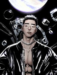  1boy 8-ball abs absurdres ball bara billiard_ball black_hair black_jacket bubble chain_necklace chains commentary glasses highres ice ice_cube jacket jewelry large_pectorals looking_at_viewer male_focus muscular muscular_male necklace open_clothes open_jacket original parted_lips pectorals short_hair solarsistim solo upper_body 