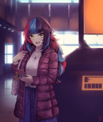  absurdres alternate_costume black_hair blue_hair brown_coat cellphone coat fate/grand_order fate_(series) female highres holding holding_phone indoors jewelry long_hair long_sleeves multicolored_hair necklace ootato phone purple_skirt red_hair sei_shounagon_(fate) skirt smartphone solo standing sweater white_sweater yellow_eyes 