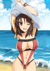  ;d alternate_breast_size alternate_costume armpits arms_up ass beach blue_sky bow bracelet breasts brown_eyes brown_hair cloud collarbone commentary_request day female hairband haruhisky highres horizon jewelry large_breasts layered_swimsuit looking_at_viewer medium_hair navel ocean one-piece_swimsuit one_eye_closed open_mouth orange_bow orange_hairband outdoors red_one-piece_swimsuit sand shirt sky smile solo standing stomach suzumiya_haruhi suzumiya_haruhi_no_yuuutsu swimsuit t-shirt thigh_gap undressing water white_shirt 