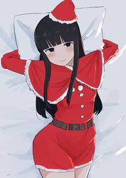  4me_4ma absurdres alternate_costume arms_behind_head arms_up bed bed_sheet black_eyes black_hair blunt_bangs blush capelet christmas closed_mouth commentary_request dress female fur_trim hat hatsuyuki_(kancolle) highres hime_cut kantai_collection long_hair long_sleeves looking_at_viewer lying on_back on_bed pillow red_capelet red_dress santa_costume santa_hat sidelocks solo 