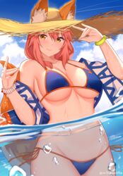  animal_ear_fluff animal_ears arind_yudha bare_shoulders bikini blue_bikini breasts cleavage collarbone commentary_request day fate/grand_order fate_(series) female fox_ears fox_girl fox_tail hair_between_eyes hat highres large_breasts long_hair looking_at_viewer navel outdoors paid_reward_available partially_underwater_shot pink_hair side-tie_bikini_bottom sidelocks solo straw_hat string_bikini swimsuit tail tamamo_(fate) tamamo_no_mae_(swimsuit_lancer)_(fate) tamamo_no_mae_(swimsuit_lancer)_(second_ascension)_(fate) tamamo_no_mae_(swimsuit_lancer)_(third_ascension)_(fate) thighs yellow_eyes 