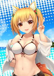  :d absurdres ahoge animal_ears arknights bare_shoulders bikini blonde_hair blue_sky breasts cleavage cloud collarbone commentary_request day engawa_(organic_sushi) female hair_ornament hand_on_own_hip hand_up highres jacket large_breasts long_sleeves looking_at_viewer nail_polish navel open_clothes open_jacket open_mouth outdoors partial_commentary red_eyes red_nails short_hair sky smile solo sora_(arknights) sora_(summer_flowers)_(arknights) stomach swimsuit twintails upper_body v white_bikini white_jacket wolf_ears 