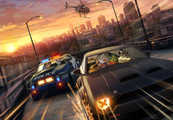  2022 aircraft anthro arachnid arthropod black_nose canid canine canis car car_chase chasing city cityscape clothed clothing countershading crossover digital_media_(artwork) disney dreamworks driving evening eyewear fangs female fish fox fur green_body green_scales grey_body grey_fur grey_skin group helicopter inside_car judy_hopps lagomorph leporid magolobo male mammal marine motor_vehicle mr._piranha_(the_bad_guys) mr._shark_(the_bad_guys) mr._snake_(the_bad_guys) mr._wolf_(the_bad_guys) ms._tarantula_(the_bad_guys) muscle_car mygalomorph nick_wilde piranha_(fish) police police_car police_vehicle purple_eyes rabbit red_body red_fox red_fur reptile scales scalie serrasalmid shark signature snake sparks speed_lines spider suit sun sunglasses sunset tarantula teeth the_bad_guys true_fox urban vehicle wolf yellow_eyes zootopia 