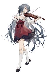  absurdres bad_id bad_lofter_id black_footwear black_hair chinese_clothes closed_mouth female fu_hua fu_hua_(herrscher_of_sentience) full_body highres holding holding_instrument holding_violin honkai_(series) honkai_impact_3rd instrument long_hair long_sleeves qqqne red_eyes red_skirt shirt shoes simple_background skirt socks solo violin white_background white_shirt white_socks 