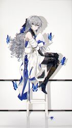  absurdres bad_id bad_lofter_id bare_shoulders black_legwear blue_butterfly blue_flower boots bouquet bronya_rand bug butterfly dress drill_hair earrings female flower full_body grey_eyes grey_hair highres holding holding_bouquet honkai:_star_rail honkai_(series) jewelry long_hair looking_at_viewer looking_to_the_side pantyhose qqqne sitting solo thigh_boots thighhighs twin_drills white_dress white_sleeves 