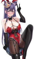  akuma_nihmune akuma_nihmune_(3rd_costume) animal_ears black_bow black_bowtie black_thighhighs blush bow bowtie breasts burger_king elbow_gloves female gloves hair_ornament hairclip high_heels highres indie_virtual_youtuber large_breasts legs leotard long_hair playboy_bunny purple_eyes purple_hair rabbit_ears simple_background skai_kun solo thighhighs thighs v virtual_youtuber white_background 