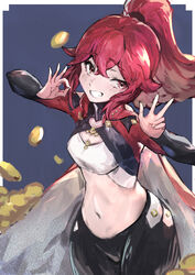  anna_(fire_emblem) black_pants blue_background breasts cape cola_bcde commentary_request cowboy_shot crop_top female fire_emblem fire_emblem_engage grin hair_between_eyes leggings long_hair long_sleeves looking_at_viewer medium_breasts midriff navel ok_sign pants ponytail red_hair sage_outfit_(fire_emblem_engage) smile solo standing stomach w 