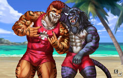  2022 5_fingers abs alexander_(gasaraki2007) anthro athletic athletic_anthro athletic_male beach big_muscles black_nose blue_body blue_fur blue_hair body_hair chest_hair claws clothed clothing day devil_horns_(gesture) double_devil_horns_(gesture) duo extinct fangs felid finger_claws fingers fur gesture hair hand_behind_head hand_gesture hybrid kt_(nexus) lifeguard liger lion looking_at_viewer male mammal mohawk multicolored_body multicolored_fur muscular muscular_anthro muscular_male navel nexus nipples open_mouth open_smile orange_body orange_fur outside palm_tree pantherine pecs plant pose prehistoric_species red_hair saber-toothed_tiger sabertooth_(anatomy) sand sea seaside shirt signature smile standing striped_body striped_fur stripes swimming_trunks swimwear tank_top teeth tongue topless topless_anthro topless_male topwear tree two_tone_body two_tone_fur water white_body white_fur 