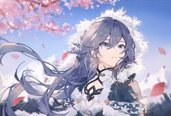  bad_id bad_lofter_id bare_shoulders black_hair blue_eyes blue_sky branch cherry_blossoms china_dress chinese_clothes commentary_request dress female fu_hua fu_hua_(azure_empyrea) highres honkai_(series) honkai_impact_3rd long_hair open_mouth outdoors petals qqqne sky solo white_dress 