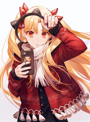  alternate_costume animal_ears bell blonde_hair breasts cat_ears cellphone contemporary earrings ereshkigal_(fate) fake_animal_ears fate/grand_order fate_(series) female fringe_trim hair_ribbon highres jacket jewelry long_hair long_sleeves looking_at_viewer nail_art nail_polish parted_bangs parted_lips phone red_nails ribbon scarf siya_ho solo stellated_octahedron tassel two_side_up unworn_headband 