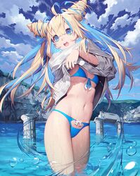  :d ahoge bikini blonde_hair blue_bikini blue_eyes blue_hair blue_nails blue_sky blunt_bangs breasts cleavage cloud cloudy_sky commentary cone_hair_bun day double_bun female hair_between_eyes hair_bun highres lake long_hair long_shirt looking_at_viewer mandrill midriff multicolored_hair nail_polish navel open_mouth original outdoors ruins sidelocks sky smile solo streaked_hair swimsuit twintails two-tone_hair undressing wet wet_clothes wet_swimsuit 