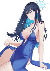  alternate_costume arm_support bare_shoulders blue_archive blue_dress blue_eyes blue_hair breasts commentary dress female halo halter_dress halterneck highres large_breasts long_hair looking_at_viewer no_headwear parted_lips ref_(pmxt4483) saori_(blue_archive) sideboob sitting sleeveless sleeveless_dress solo thighs very_long_hair 