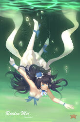  absurdres antenna_hair bare_shoulders black_hair blue_eyes blue_flower breasts bridal_veil bride bubble cleavage closed_mouth dress female flower full_body gloves hair_between_eyes hair_flower hair_ornament highres honkai_(series) honkai_impact_3rd long_hair looking_at_viewer ocean qian_yi raiden_mei raiden_mei_(valkyrie_bladestrike) smile starfish underwater veil wedding_dress white_dress white_gloves 