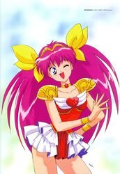  1990s_(style) ai_tenshi_densetsu_wedding_peach armor big_hair blue_eyes bracelet choker cowboy_shot female hairband hanasaki_momoko highres jewelry long_hair looking_at_viewer magical_girl miniskirt non-web_source official_art one_eye_closed open_mouth pauldrons pink_hair retro_artstyle shoulder_armor skirt solo wedding_peach white_skirt 