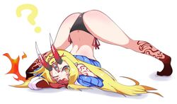  ;o ? arm_rest ass bad_id bad_twitter_id bikini black_bikini blonde_hair body_markings commentary facial_mark fate/grand_order fate_(series) female forehead_mark full_body highres horns ibaraki_douji_(fate) ibaraki_douji_(swimsuit_lancer)_(fate) ibaraki_douji_(swimsuit_lancer)_(first_ascension)_(fate) inactive_account jack-o&#039;_challenge japanese_clothes kakihou kimono meme oerba_yun_fang one_eye_closed oni oni_horns orange_eyes pointy_ears side-tie_bikini_bottom skin_fang spread_legs stretching swimsuit top-down_bottom-up 