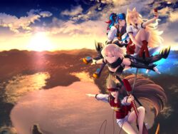  4girls ahoge animal_ears bikini black_bikini black_hair blonde_hair blue_hair breasts cloak cloud dusk elbow_gloves eyebrows_hidden_by_hair fate/grand_order fate_(series) flying fox_ears gloves hair_between_eyes highres lake long_hair mountain multicolored_hair multiple_girls oda_nobunaga_(fate) oda_nobunaga_(swimsuit_berserker)_(fate) oda_nobunaga_(swimsuit_berserker)_(first_ascension)_(fate) okita_j._souji_(fate) okita_j._souji_(first_ascension)_(fate) okita_souji_(fate) open_mouth parody red_eyes ribbon school_uniform sei_shounagon_(fate) shoori_(migiha) short_hair sky smile style_parody suzuka_gozen_(fate) swimsuit takeuchi_takashi_(style) twintails type-moon yellow_eyes 