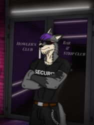  3:4 anthro black_clothing canid canine canis clothing disco english_text eyewear fur glasses grey_body grey_fur hair male mammal nicolasthewolf night nightclub party purple_hair security security_guard shirt solo text topwear wolf 