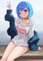  ;) alternate_breast_size arm_up black_choker blue_eyes blue_jacket blue_nails blush breasts choker closed_mouth commentary_request dolphin_hair_ornament fang_out feet_out_of_frame female highres hood hood_down hoodie jacket kaguya_(srx61800) looking_at_viewer medium_breasts nail_polish nijisanji nishizono_chigusa nishizono_chigusa_(2nd_costume) oerba_yun_fang off_shoulder one_eye_closed open_clothes open_jacket purple_eyes sitting smile solo v virtual_youtuber white_hoodie 