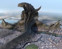  3d_(artwork) 5:4 ambiguous_gender black_betty_(meme) black_body building city city_crushing city_destruction cloud destruction digital_media_(artwork) feral godzilla_(series) hi_res kaiju landscape_dwarfing lizard looking_at_viewer looking_back macro manhattan meme new_york_city pose reptile scalie skyscraper solo spines spread_legs spreading tail thick_tail toho tooeks zilla 