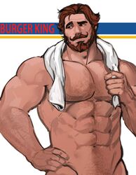  1boy abs arm_hair bara beard brown_hair burger_king chest_hair completely_nude dopey_(dopq) facial_hair hairy highres large_pectorals looking_to_the_side male_focus mature_male moustache muscular muscular_male navel navel_hair nipples nude out-of-frame_censoring pectorals penis_out_of_frame seductive_smile short_hair simple_background smile solo stomach strongman_waist the_king_(burger_king) thick_eyebrows towel towel_around_neck 