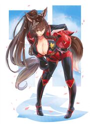  absurdres animal_ears animal_ears_helmet breasts brown_hair cherry_blossoms cleavage female fox_ears fox_tail fumi_(2nd_costume)_(nijisanji) fumi_(nijisanji) helmet highres kiyama_satoshi large_breasts leaning_forward long_sleeves nijisanji pilot_suit ponytail science_fiction solo sweat tail virtual_youtuber yellow_eyes 