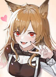  absurdres animal_ears arknights arm_at_side beige_background belt belt_buckle belt_collar black_nails blush breasts brown_hair buckle ceobe_(arknights) chinese_commentary collar commentary dog_ears female gradient hair_between_eyes heart highres krin_(krinnin) long_hair long_sleeves looking_at_viewer oerba_yun_fang open_mouth red_eyes simple_background skin_fang smile solo teeth upper_body v 