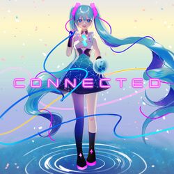  absurdres album_cover blue_eyes blue_hair boots breasts cable commentary cover earth_(planet) english_commentary english_text female floating_hair full_body hatsune_miku headset highres holding_orb holding_planet long_hair open_mouth planet ripples single_thigh_boot small_breasts solo song_name thigh_boots thighhighs twintails vocaloid water yunare 