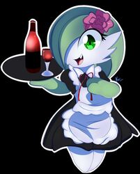  2018 accessory alcohol ambiguous_gender apron beverage black_background black_clothing bottle chibi clothed clothing container cup cute_fangs dated digital_drawing_(artwork) digital_media_(artwork) drinking_glass fan_character feet fingers flower flower_in_hair full-length_portrait gardevoir generation_3_pokemon glass glass_container glass_cup green_body green_eyes green_hair green_hands hair hair_accessory hi_res holding_object josie_the_gardevoir looking_at_viewer maid_uniform mammal nintendo noseless not_furry open_mouth open_smile outline pink_flower pink_tongue plant platter pokemon pokemon_(species) portrait red_ribbon ribbons signature simple_background smile solo tinymunch tongue uniform white_apron white_body white_clothing white_feet white_outline wine wine_bottle wine_glass 