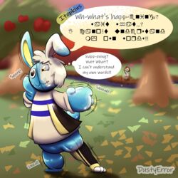  1:1 animal_crossing animate_inanimate anthro asking asking_self asking_what command command_to_wait derived_sound_effect dialogue different_sound_effects dustyerror english_text expansion_sound_effect hare header header_box hi_res hopkins_(animal_crossing) inanimate_transformation inflatable inflation inner_monologue lagomorph latex leporid living_inflatable loss_of_speech male mammal nintendo onomatopoeia plastic question rabbit sound_effects squeaking stuttering swelling talking_to_self text thought_bubble transformation unintelligible 