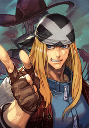  1boy axl_low bandana blonde_hair blue_eyes blue_jacket brown_gloves female fingerless_gloves gloves grin guilty_gear guilty_gear_strive hat hungry_clicker i-no jacket long_hair looking_at_viewer male_focus pointing pointing_at_viewer red_headwear red_vest smile upper_body vest 