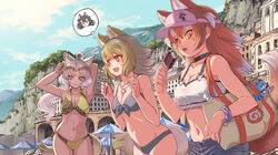  3girls alternate_costume animal_ears arm_behind_back arms_up bag beach_umbrella bikini bindi black_hair breasts brown_hair choker cleavage closed_mouth collarbone commentary_request contemporary cowboy_shot day extra_ears grey_hair grey_wolf_(kemono_friends) hands_up high_ponytail highres holding indian_wolf_(kemono_friends) italian_wolf_(kemono_friends) japanese_wolf_(kemono_friends) jewelry kemono_friends kosai_takayuki leaning_forward long_hair looking_afar looking_at_viewer midriff motion_lines multicolored_hair multiple_girls navel oerba_yun_fang open_mouth orange_eyes outdoors pendant shorts shoulder_bag sidelocks smile spoken_character stomach summer swimsuit tail tan thought_bubble two-tone_hair umbrella very_long_hair visor_cap white_hair wolf_ears wolf_girl wolf_tail yellow_eyes 