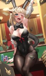  animal_ears aqua_eyes arm_behind_back arm_up armpits bare_shoulders black_bow black_bowtie black_leotard black_pantyhose blonde_hair blunt_bangs blurry blurry_background bow bowtie breasts casino casino_card_table cleavage commentary covered_navel detached_collar detached_sleeves facial_mark female gold_trim hair_ornament highleg highleg_leotard highres large_breasts legs_together leotard morros nail_polish one_eye_closed open_mouth original pantyhose playboy_bunny poker_chip red_nails red_ribbon ribbon sitting solo strapless strapless_leotard table tail tail_raised teeth traditional_bowtie upper_teeth_only whisker_markings wrist_cuffs 