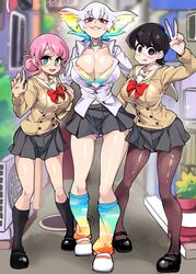  3girls absurdres arm_up black_footwear black_hair blurry blurry_background bocchi_the_rock! bongfill bra breasts collarbone collared_shirt commentary crossover dress_shirt english_commentary gotoh_michiyo grin hands_up highres kill_la_kill kiryuuin_ragyou kneehighs komi-san_wa_komyushou_desu komi_shuuko large_breasts legs_apart loafers long_sleeves looking_at_viewer mature_female miniskirt multicolored_bra multicolored_clothes multicolored_hair multiple_girls open_mouth outdoors panties panty_peek pantyhose pink_hair plant pleated_skirt potted_plant rainbow_hair sailor_collar school_uniform shirt shoes skirt smile smug socks standing swept_bangs teeth thick_eyebrows thighs tongue tongue_out trait_connection underwear upper_teeth_only v v-shaped_eyebrows white_footwear white_hair white_shirt 