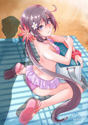  1boy absurdres admiral_(kancolle) ahoge akebono_(kancolle) akebono_kai_ni_(swimsuit_mode)_(kancolle) beach_towel bell bikini blush breasts character_name closed_mouth cooler copyright_name dated day female flower hair_bell hair_between_eyes hair_flower hair_ornament highres jingle_bell kantai_collection long_hair official_alternate_costume outdoors pink_bikini pink_flower pink_footwear ponytail purple_hair sandals scrunchie shadow side_ponytail sitting small_breasts swimsuit towel very_long_hair white_flower wrist_scrunchie yoshiki_(bpmaxm) 