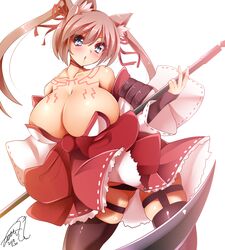  animal_ears bare_shoulders blue_eyes breasts caleen_keemosn cat_ears cleavage collarbone commentary_request dated female hair_ribbon highres huge_breasts jotti long_hair looking_at_viewer parted_lips pink_hair ribbon scythe signature simple_background skindentation skirt solo star_ocean star_ocean_anamnesis tattoo twintails white_background 