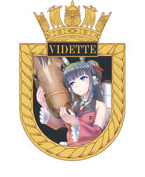  badge bare_shoulders black_hair blue_eyes brooch commentary_request crown detached_sleeves female headphones hms_vidette horse jacket jewelry original personification pink_jacket ponytail royal_navy self-upload solo yamikota 