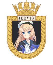  :t badge blonde_hair blue_eyes blue_sailor_collar character_name commentary_request crown female gloves hat jervis_(kancolle) kantai_collection long_hair pegasus royal_navy sailor_collar sailor_hat self-upload short_sleeves white_gloves white_hat yamikota 