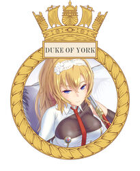  badge blonde_hair blue_eyes breasts character_name commentary_request crown duke_of_york_(warship_girls_r) female hair_between_eyes large_breasts long_hair looking_at_viewer necktie red_necktie royal_navy self-upload smile warship_girls_r yamikota 