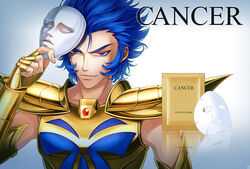  1boy armor blue_eyes blue_hair cancer_death_mask commentary full_armor gold_armor gold_saint grin male_focus mask photoshop_(medium) saint_seiya smile solo unworn_mask yonakaforever 