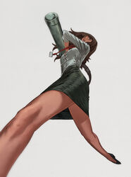  bare_legs battering_ram black_footwear black_skirt blouse breasts brown_eyes brown_hair bursting_breasts commentary_request female foreshortening from_below grey_background lanyard large_breasts long_hair long_sleeves no_legwear office_lady original pencil_skirt photoshop_(medium) sakamoto_kengo shirt shoes simple_background skirt solo 